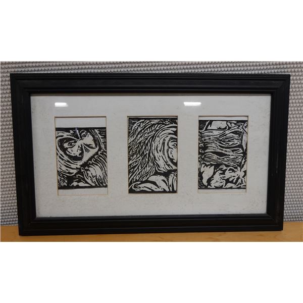 Abstract 3-Section B&W Artwork, Framed & Matted 19" x 11"