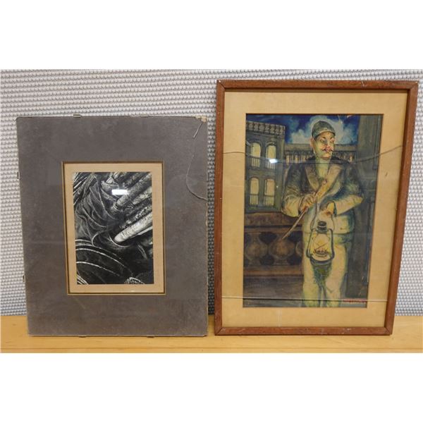 Qty 2 Artworks: Abstract & Male Figure, 1 Matted, 1 Framed (cracked), Misc Sizes