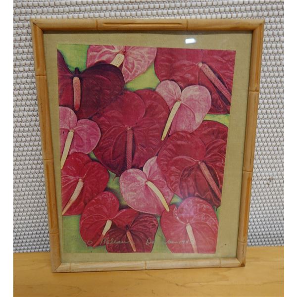 Anthurium Flower Artwork Numbered 24/150  by Artist Maleau 1983, Bamboo Motif Frame 10" x 13"