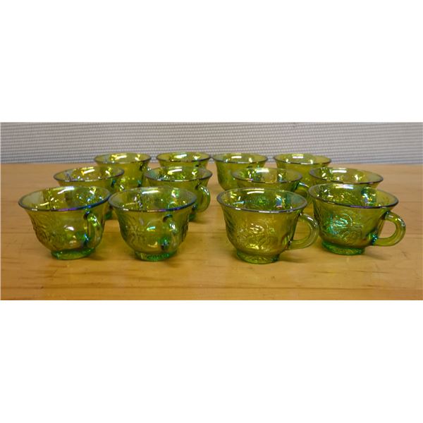 Qty 12 Green Glass Mugs w/ Pinwheel Design Approx. 3.5" Dia, 2.5"H