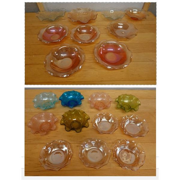 Qty 20 Iridescent Ruffled Bowls, Misc Colors & Sizes