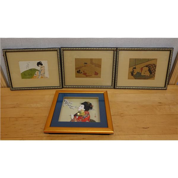 Qty 4 Asian Artworks, Framed & Matted 14" x 11"