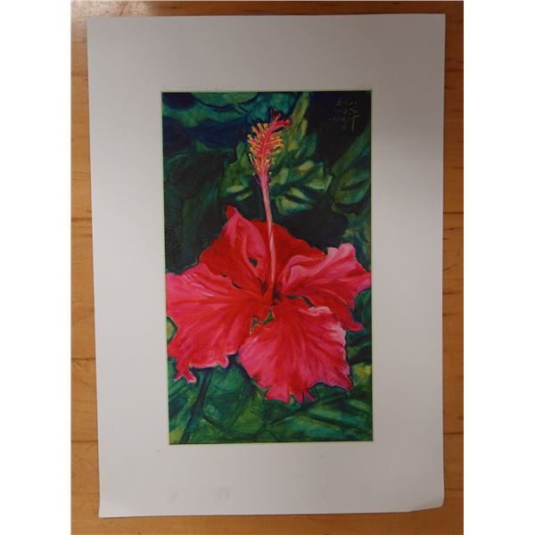 Red Hibiscus Artwork Numbered 2/50 by Artist A. Johnsen w/ COA, Unframed 12" x 17"