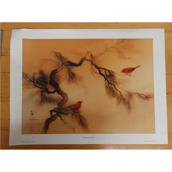 Cardinals & Pine Artwork by Waituck Lo w/ Asian Calligraphy, Unframed 26" x 20"