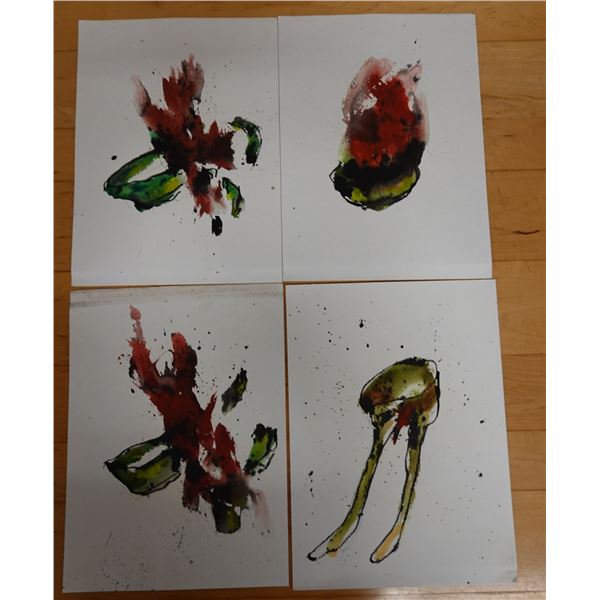 Qty 4 Abstract Tea Bowl Exploding Artworks Signed by Artist 2008, Unframed 11" x 15"