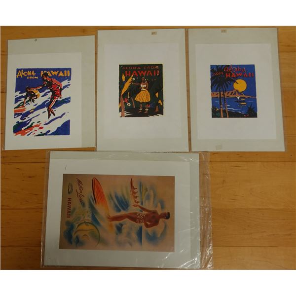 Qty 4 Aloha from Hawaii Artworks: Surfers, Diamond Head & Hula Girl, Unframed, Approx. 10" x 13"