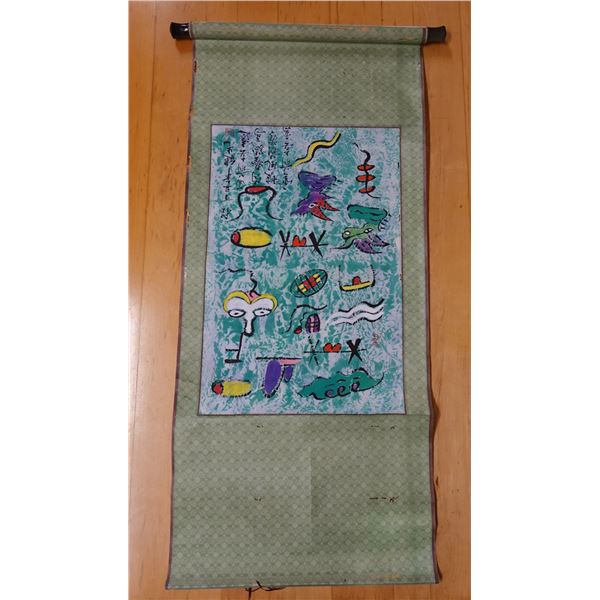 Asian Scroll w/ Abstract Art Figures & Calligraphy 21.5" x 48"