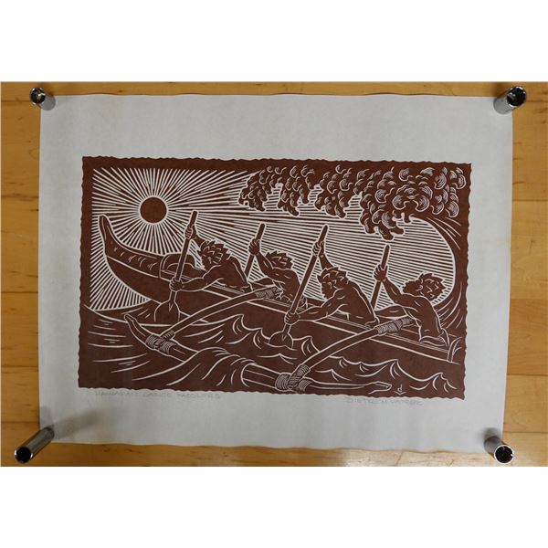 Hawaiian Canoe Paddlers Artwork by Artist Dietrich Varez, Unframed 24" x 18"