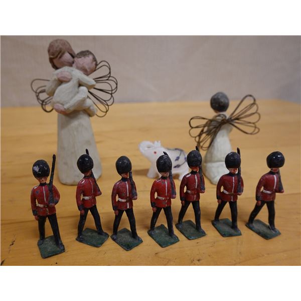 Qty 7 British Toy Soldiers, 2 Angels & Elephant Figurine, Misc Sizes
