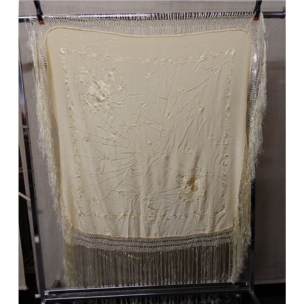 Embroidered Floral 100% Natural Silk Fabric w/ Fringe 48" x 48"