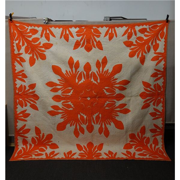 Orange Hawaiian Floral Quilt 93" x 90"