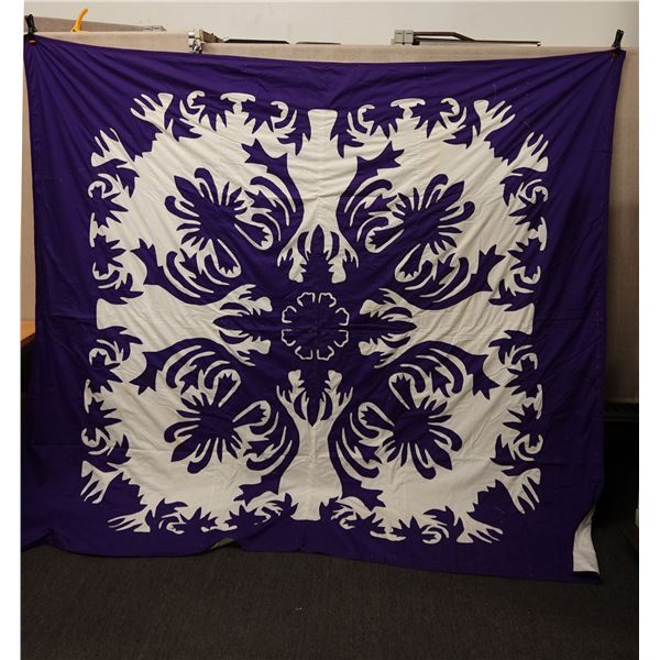 Blue & White Applique Floral Quilt 102" x 94"