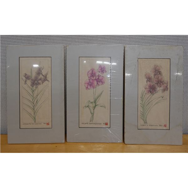 Qty 3 Floral Artworks by Artist Wren w/ Stamp & COA, Unframed 12" x 20"