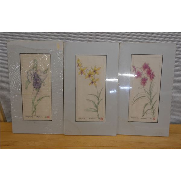 Qty 3 Floral Artworks by Artist Wren w/ Stamp & COA, Unframed 12" x 20"