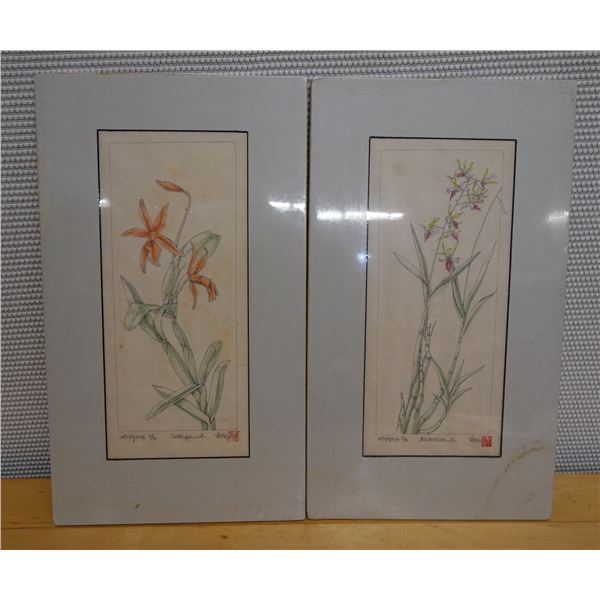 Qty 2 Floral Artworks by Artist Wren w/ Stamp & COA, Unframed 12" x 20"