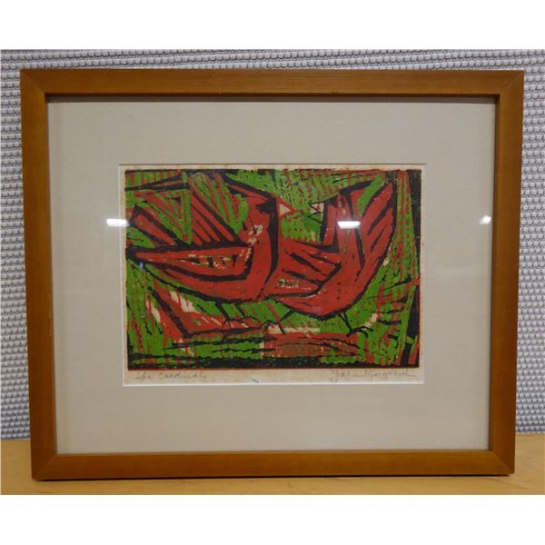 The Cardinals Artwork Signed by Artist John Kjargaard (?) Dated 3/04, Framed & Matted 17" x 14"