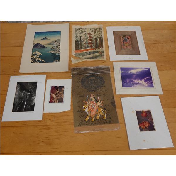 Qty 8 Unframed Artworks, Some Matted, Misc Themes & Sizes