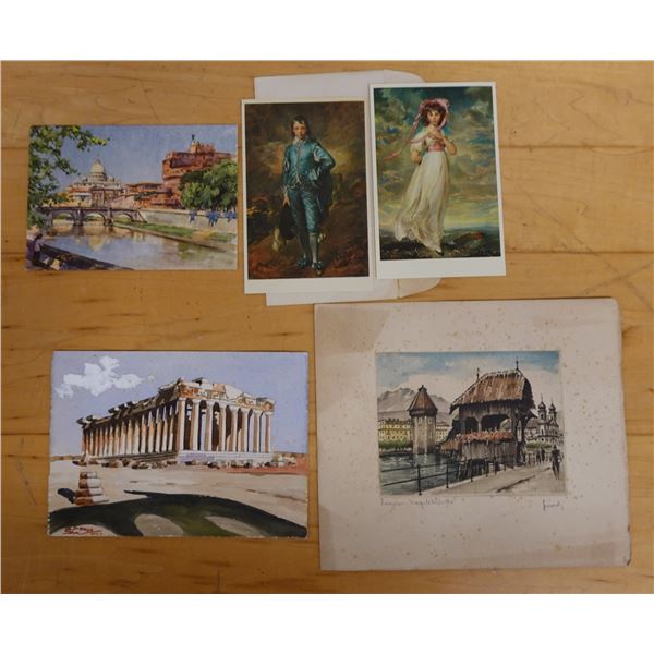 Qty 5 Unframed Artworks, Some Matted, Misc Themes & Sizes