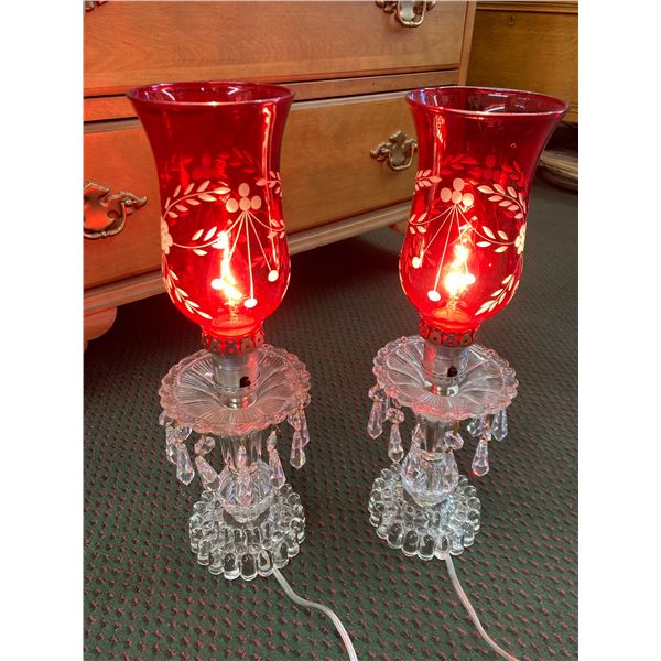 VINTAGE CRANBERRY GLASS VICTORIAN LAMPS, PAIR