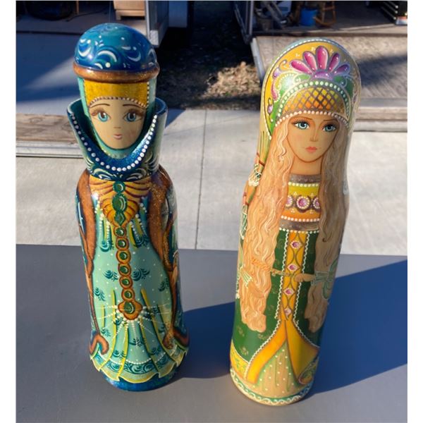 RUSSIAN GIRL WOOD BOTTLE HOLDER, LOT OF 2