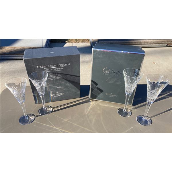 WATERFORD CRYSTAL MILLENNIUM COLLECTION TOASTING FLUTES, LOT OF 4