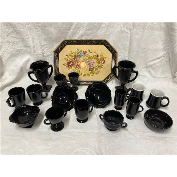 VINTAGE DEPRESSION/ART DECO BLACK AMETHYST GLASS AND ISCO HAND PAINTED FRUIT FLORAL DESIGN TRAY