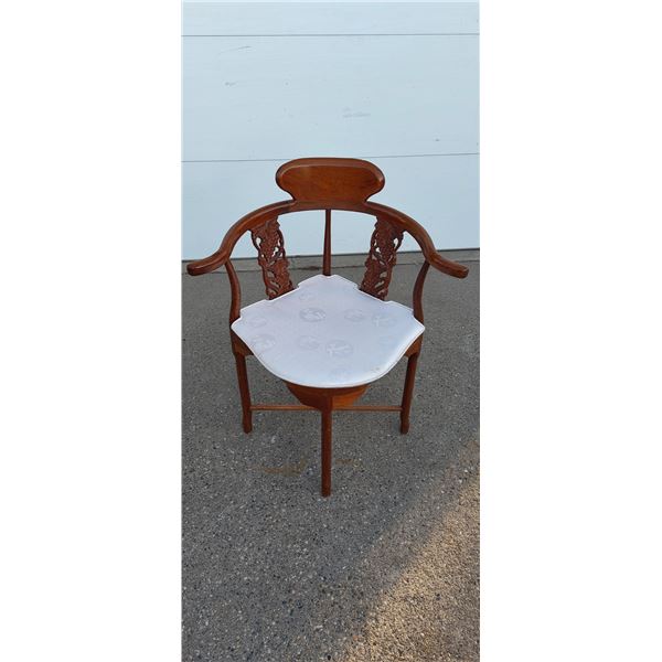 ANTIQUE ASIAN CORNER CHAIR - ROSEWOOD WITH CARVED GRAPE MOTIF AND CUSTOM-MADE PADDING