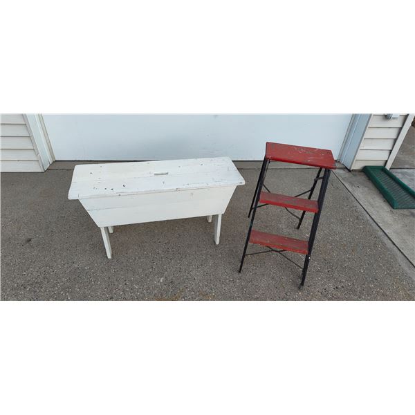 PRIMITIVE WOODEN DOUGH BOX BENCH AND STEPSTOOL