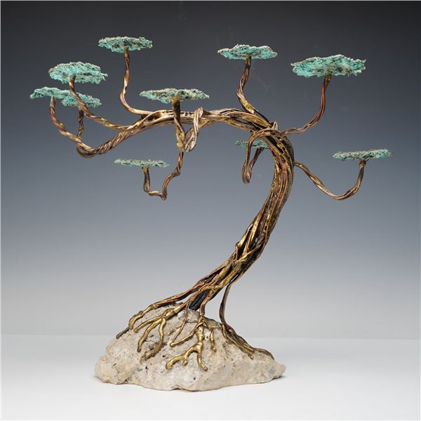 Bonsai Tree Form Metal and Stone Sculpture