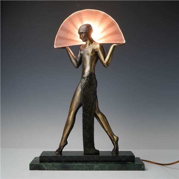 Attributed to Max LeVerrier, Deco Style Bronze & Glass Egyptian Dancer Lamp