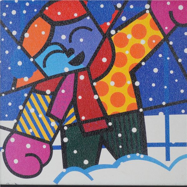 Romero Britto, Textured Giclee on Canvas, Winter Snow Figure