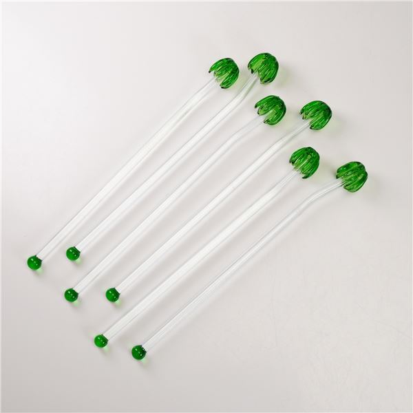 6pc Glass Cocktail Stirrers with Green Palm Tree Motif