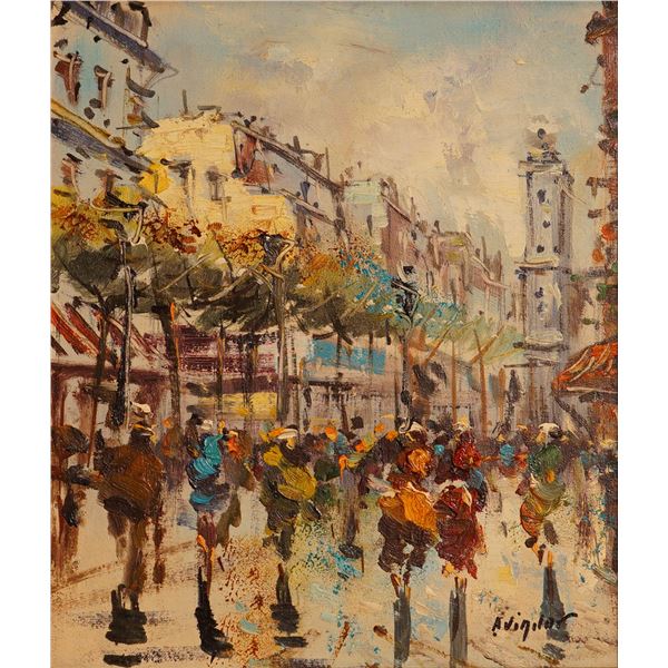 Mid-Century Oil on Canvas Painting, Parisian Street Scene, Signed