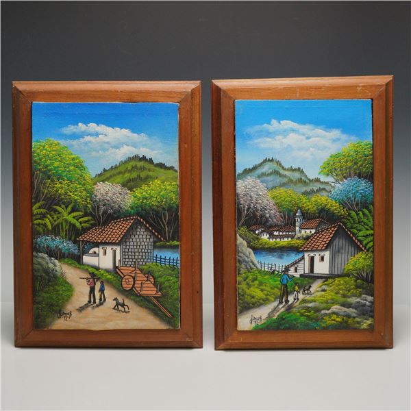 2pc Abraham Lanza Andino (Honduran) Oil on Canvas Paintings, Signed