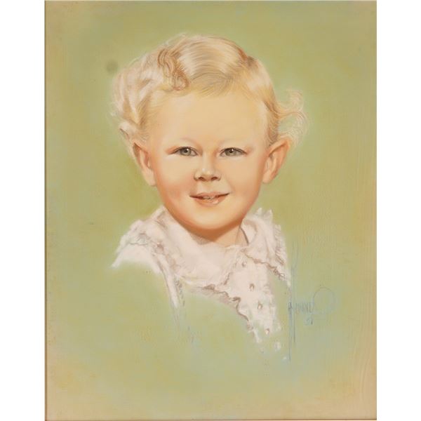 Mid-Century Pastel Drawing on Paper, Portrait of a Young Boy, Signed