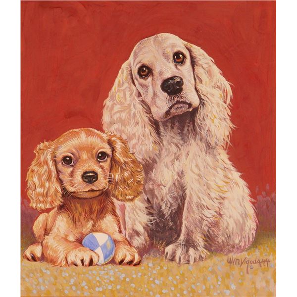 Original Gouache on Paperboard Painting, Two Cocker Spaniels, Signed