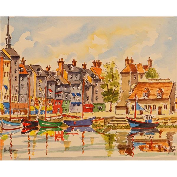 William Le Quilleuc, Watercolor on Paper Painting, Normandy Harbor, Signed