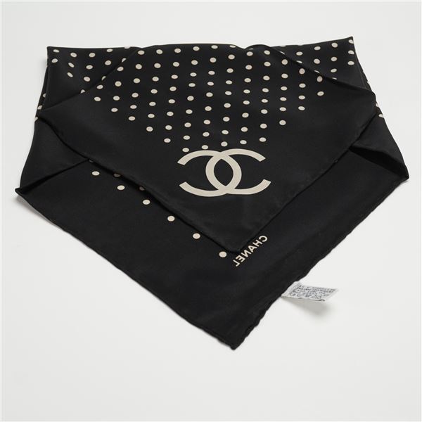 Chanel Black Silk Polka Dot Carre Scarf