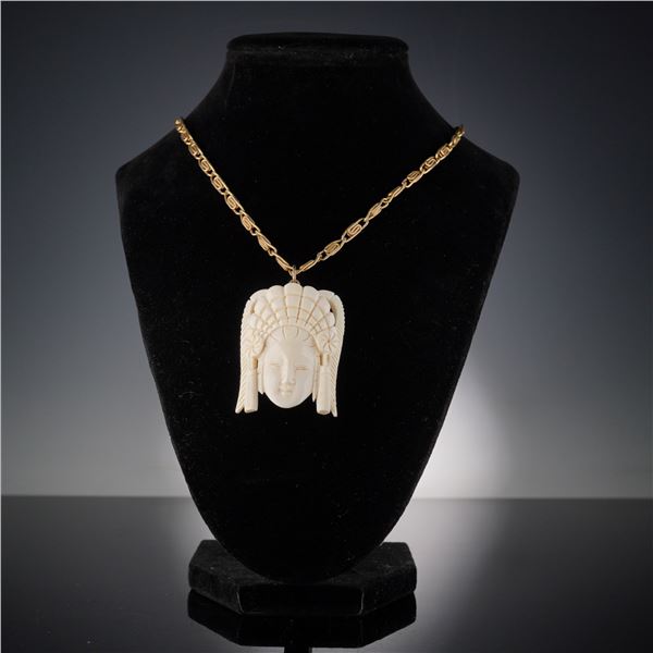 Carved Bone Female Mask Pendant on Gold Chain Necklace