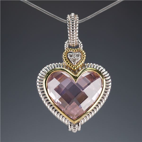 Judith Ripka 18K & Sterling Silver Pink Quartz Diamond Heart Pendant