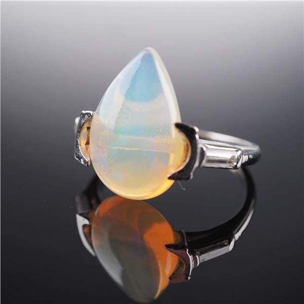 Platinum 4.77ct Pear-Shaped Opal and .20ctw Baguette Diamonds Ring