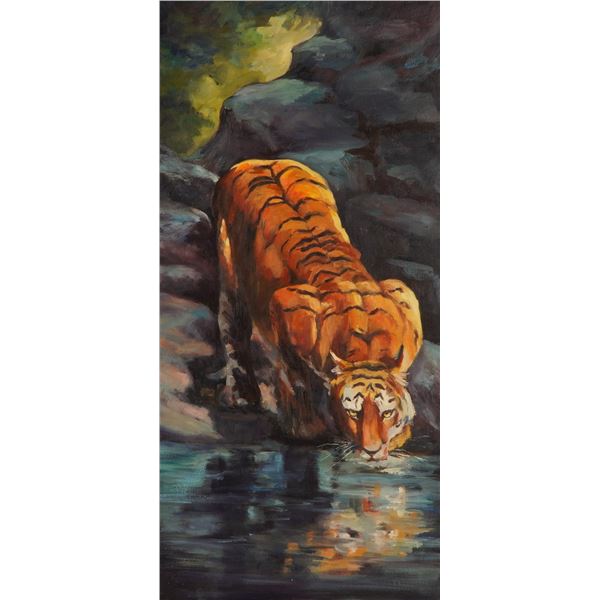 Gerry Phillips, Oil on Canvas Painting, Tiger at Water Hole, Signed