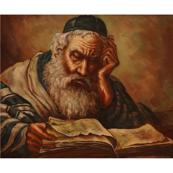 Judaica Oil on Canvas Portrait of an Elderly Scholar Reading