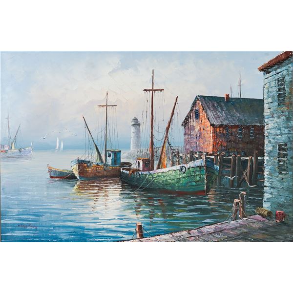 Max Savy, French Oil on Canvas Painting, Harbor Scene, Signed