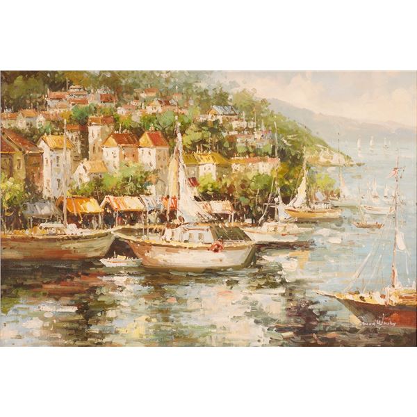 Steve Winsky, Oil on Canvas Painting, Harbor Scene, Signed