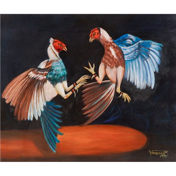 Vanessa S., Oil on Canvas Painting, Cockfight Scene, Signed