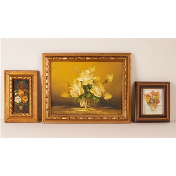 3pc Oil on Canvas Paintings & Color Etching, Floral Bouquets, Signed