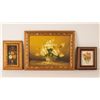 Image 1 : 3pc Oil on Canvas Paintings & Color Etching, Floral Bouquets, Signed
