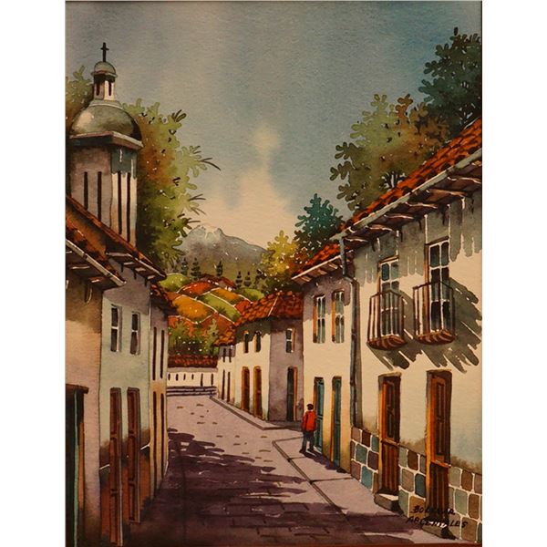 Bolivar Arcentales, Watercolor Painting, Andean Village Street, Signed