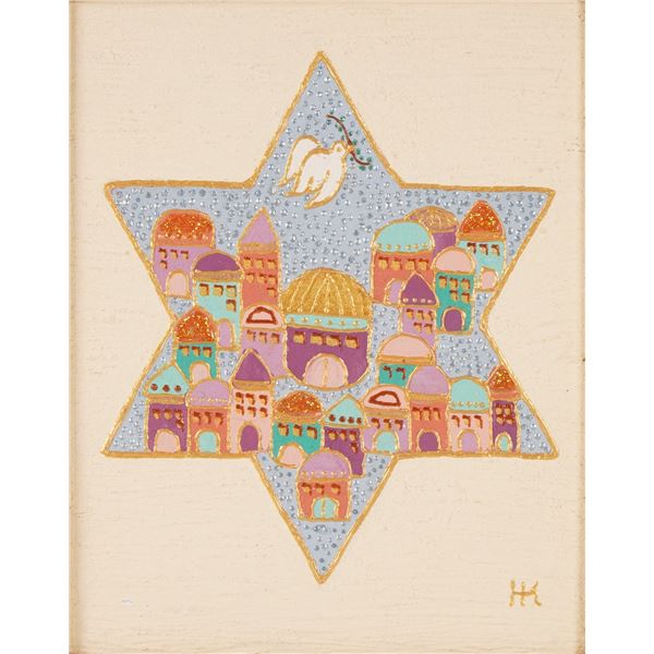 Judaica Mixed Media on Panel, City of Peace in the Star of David, Signed HE